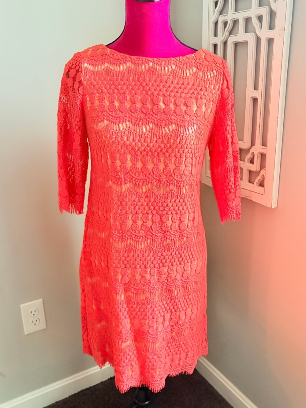 Jessica Howard Dress 10P Coral Midi Shift 3/4 Sleeve